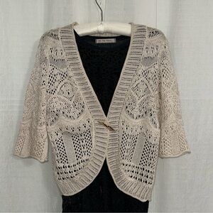JM Collection M Ivory Knit Eyelet Crop Quarter Sleeve Open Front Cardigan